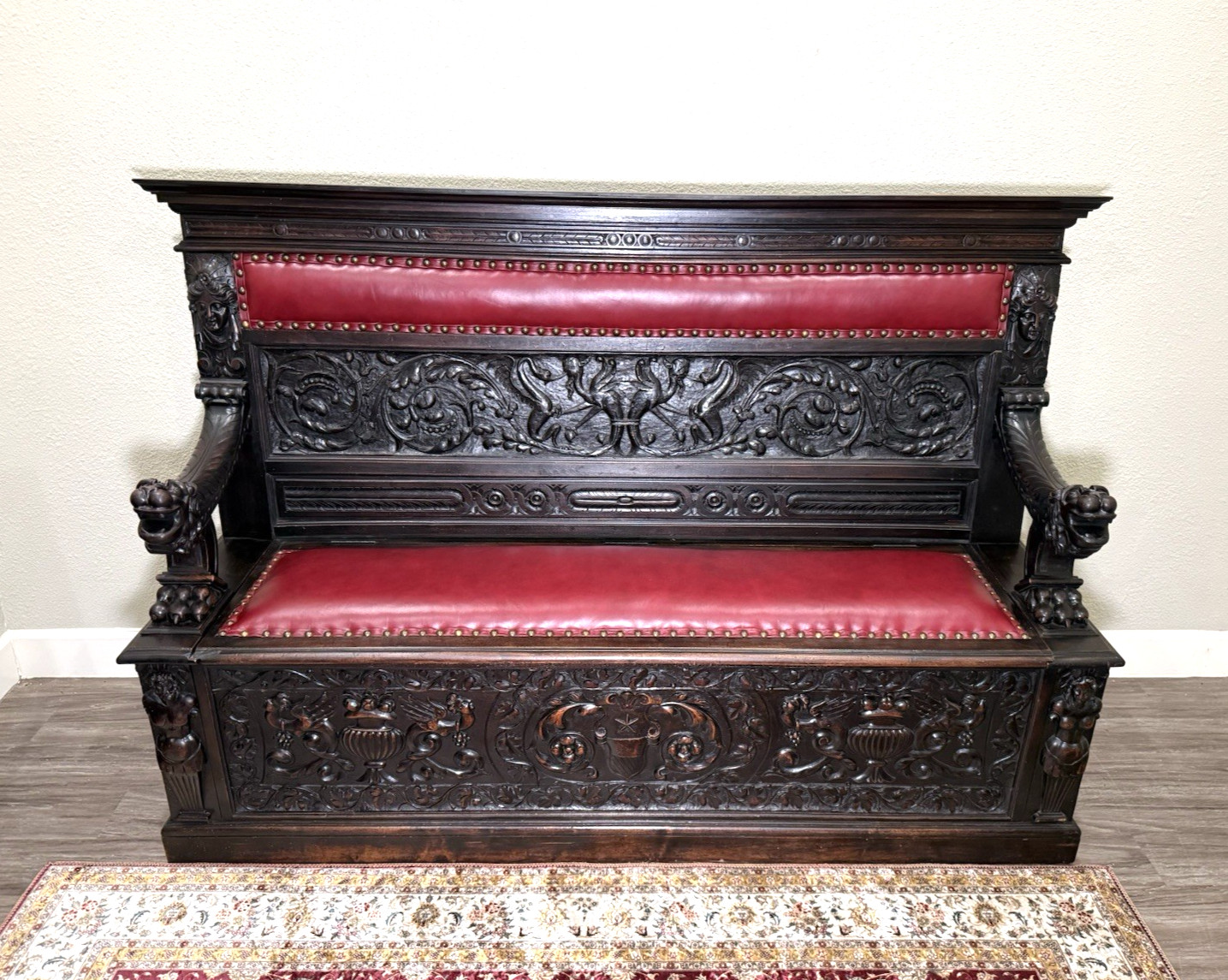 French Antique Renaissance Carved Walnut Bench w/ Storage