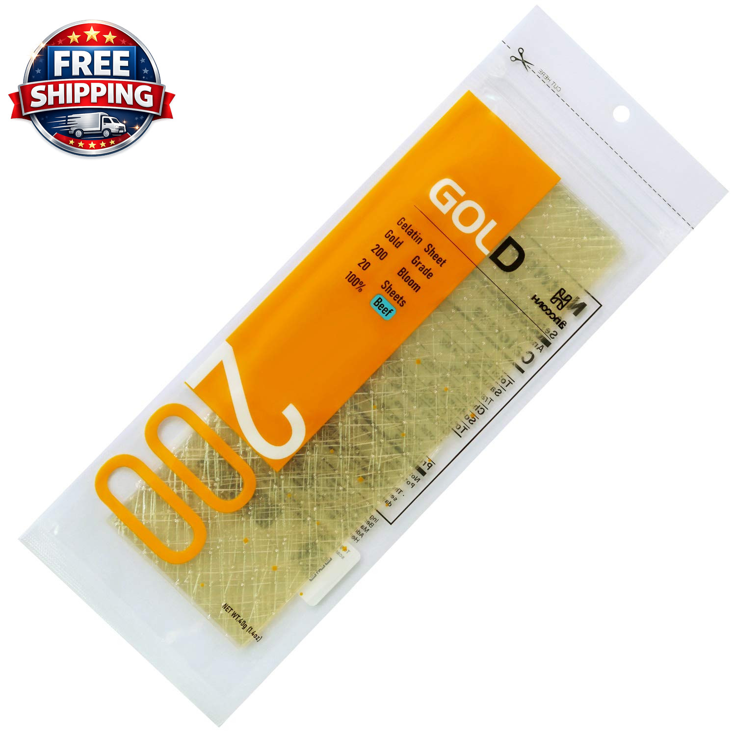Gold Gelatin Sheets - Beef Leaf Gelatin 200 Bloom (40G, 18-20Sheets) for Baking