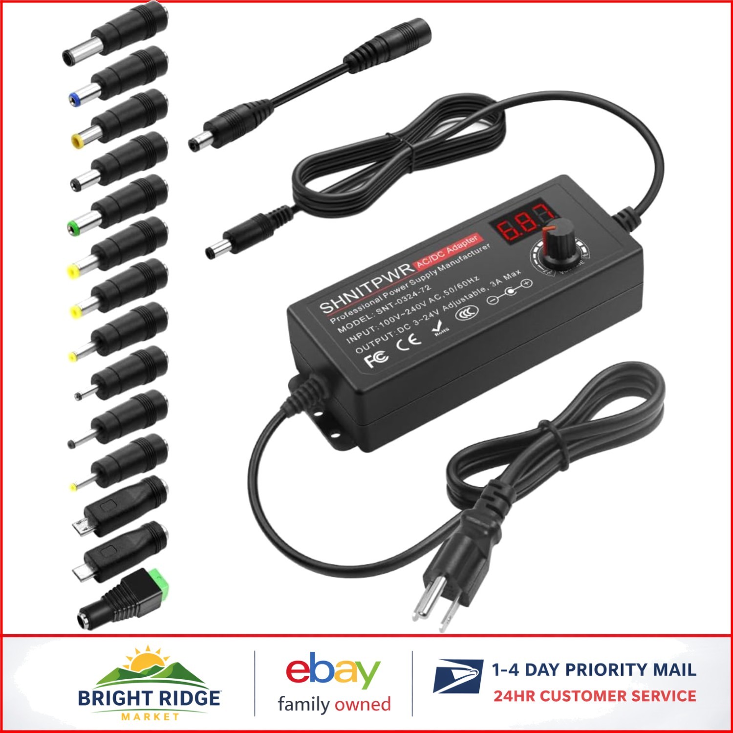 72W Universal AC/DC Adapter with Adjustable Voltage and Multiple Tips Included