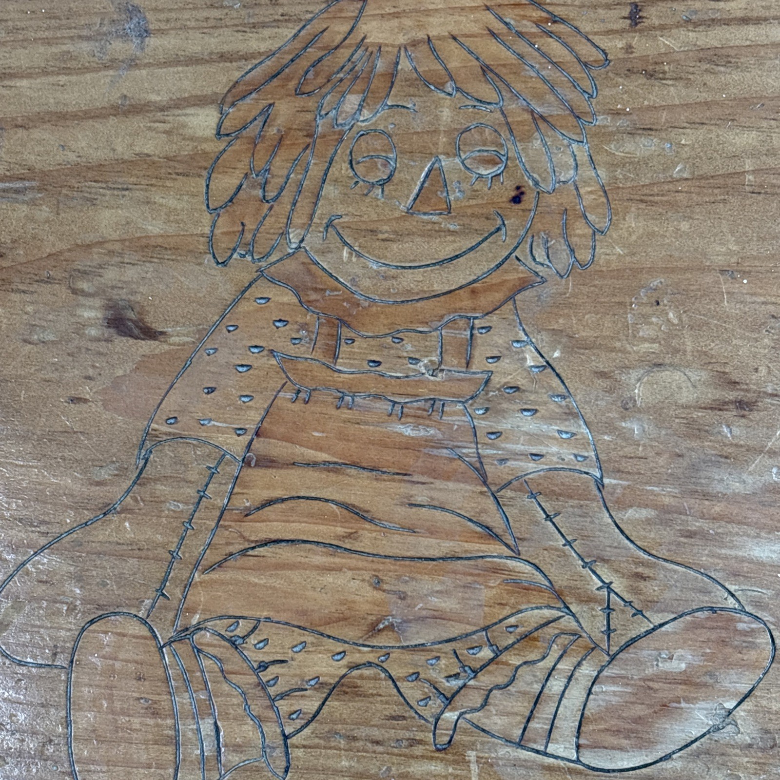 Handmade Wooden Child’s Step Stool Vintage Nursery Pyrography Raggedy Ann Chunky