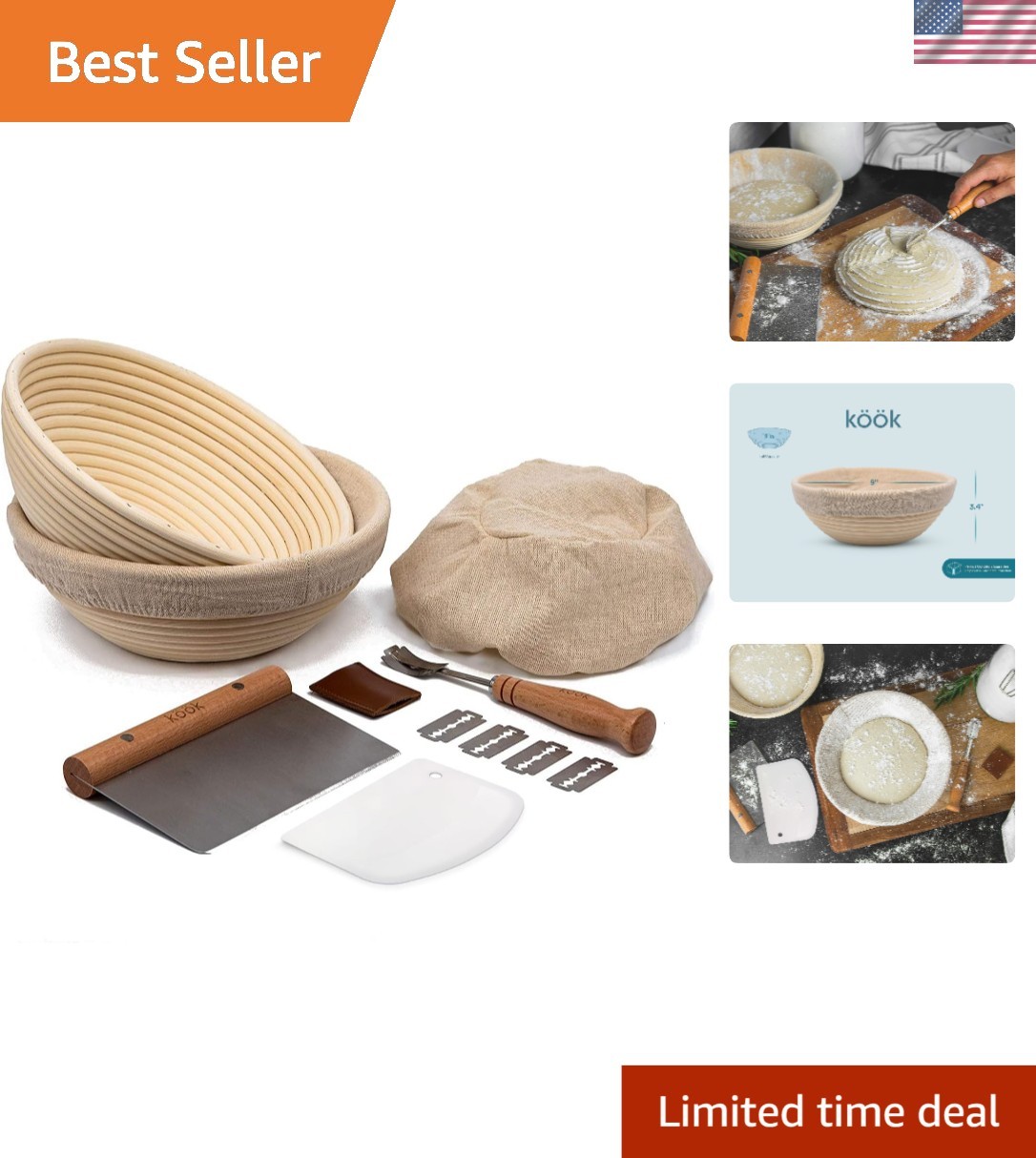 Artisan Bread Baking Essentials: 9-Inch Rattan Baskets & Scraping Tools Included