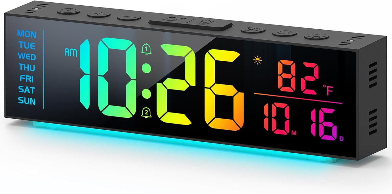 Digital Alarm Clock, Large Display, 13 Colors, Auto-Dimming, Black