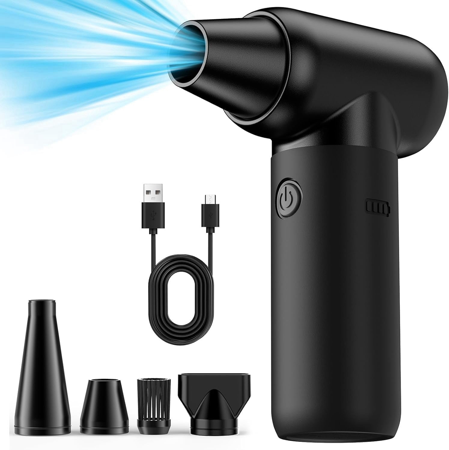 Electric Air Duster, 180000RPM Cordless Blower, 3 Speeds, 4 Nozzles, Black