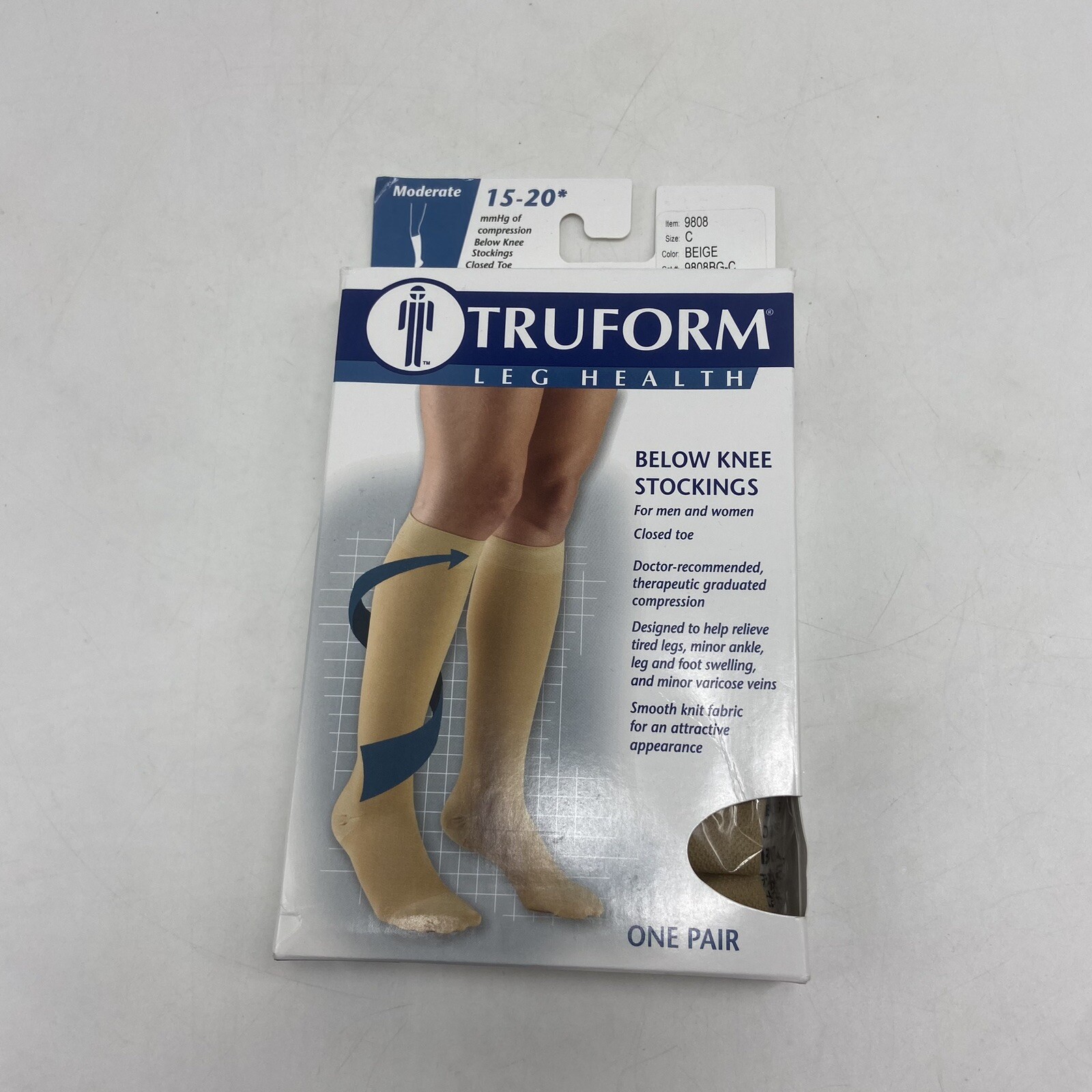 Moderate 15-20 Truform Below Knee Support Compression Stockings Sz C Beige