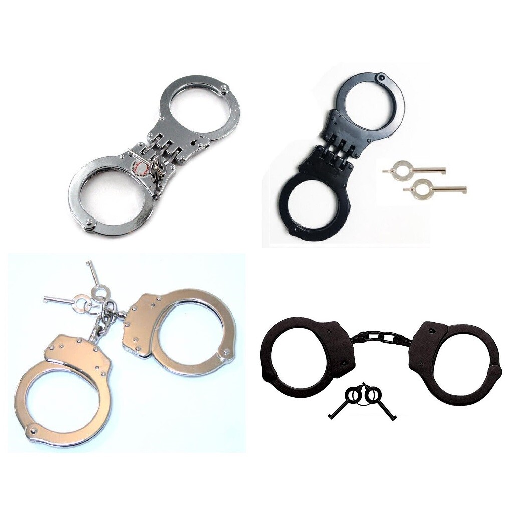 Professional Grade Metal Handcuffs Double Lock with Keys Black / Steel 3 Hinges
