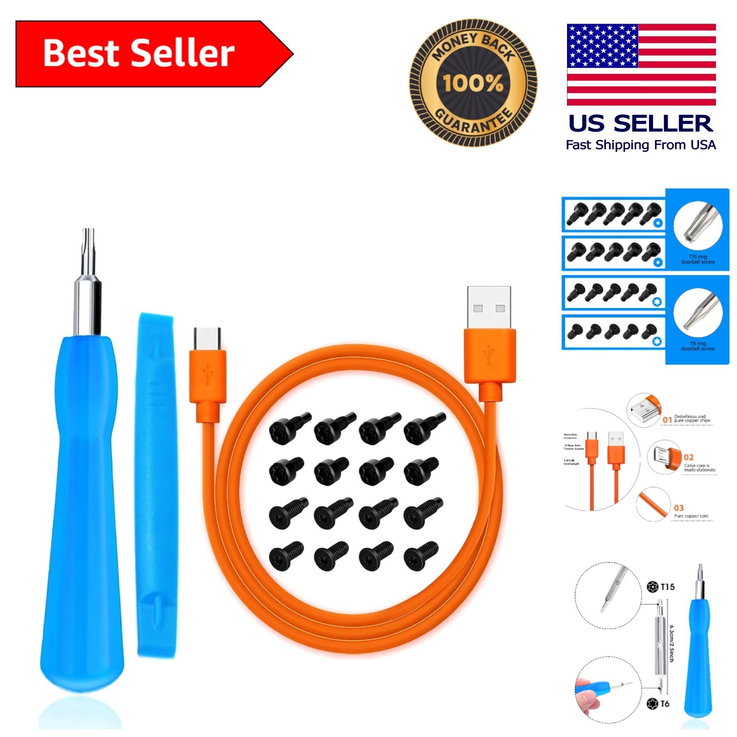 Complete Ring Video Doorbell Accessory Kit: Screwdriver, Screws & Charging Cable