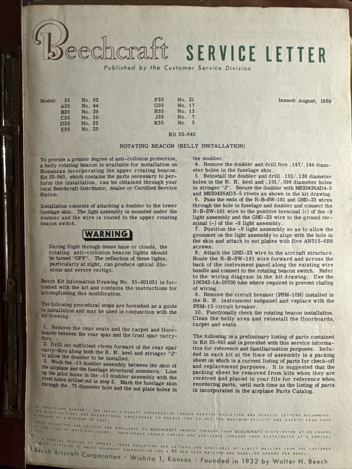 Beechcraft Service Letter 1959 Beechcraft Collection