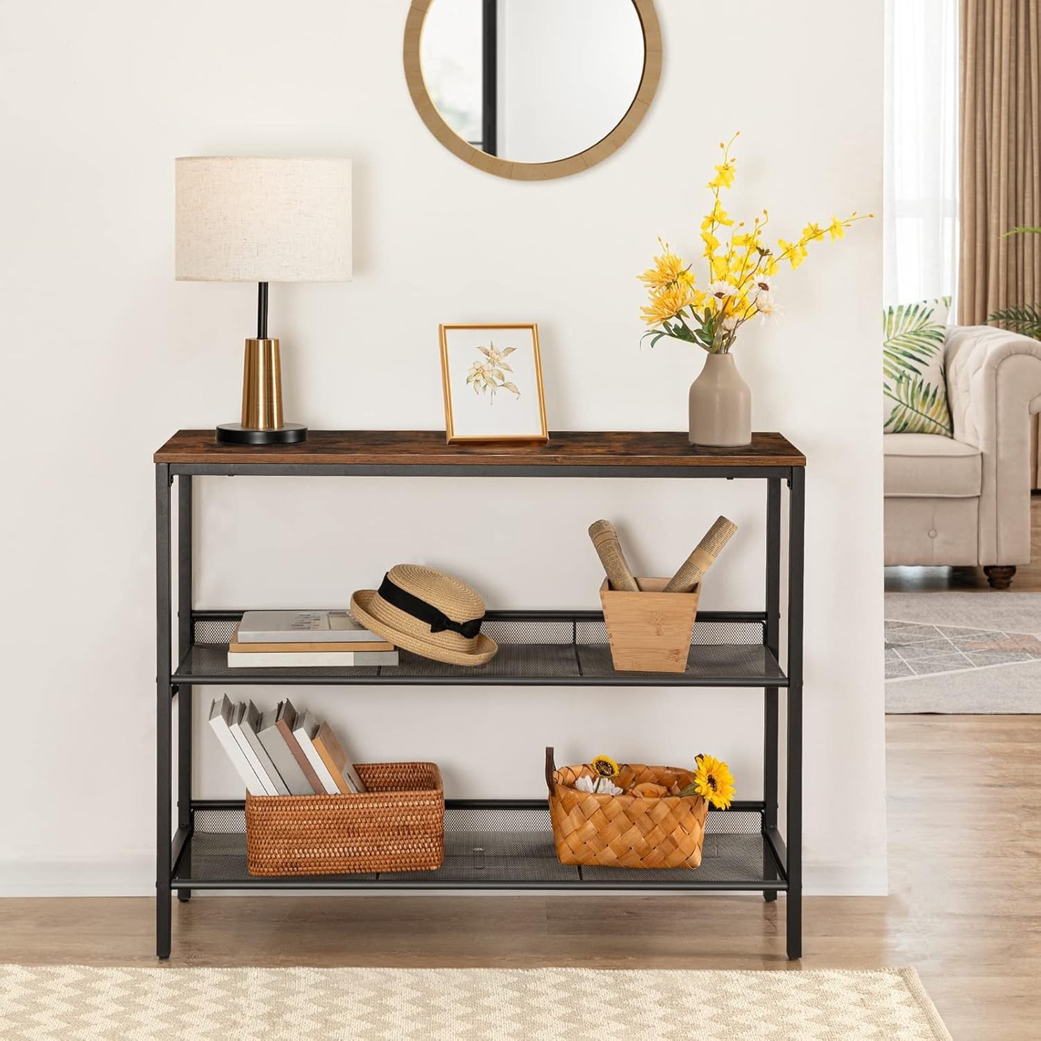 Console Table Sofa Table W/ 2 Flat/Slant Adjustable Mesh Shelves Hallway Table &