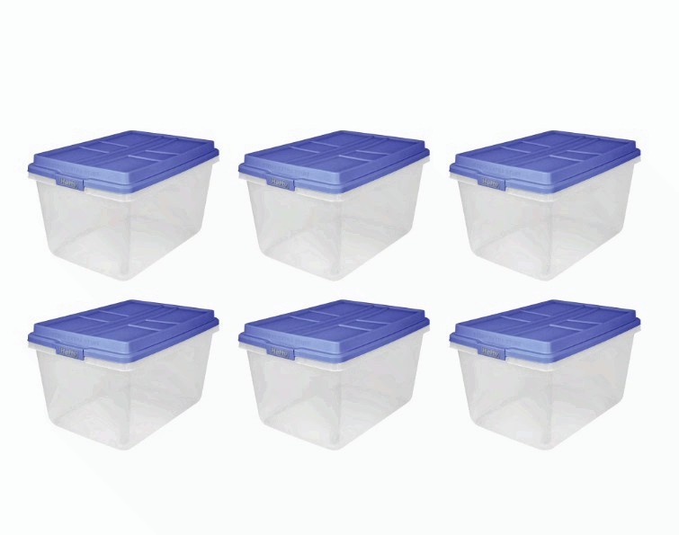 Hefty 72 Qt. Clear Plastic Storage Bin with Blue HI-RISE Lid, 6 Pack