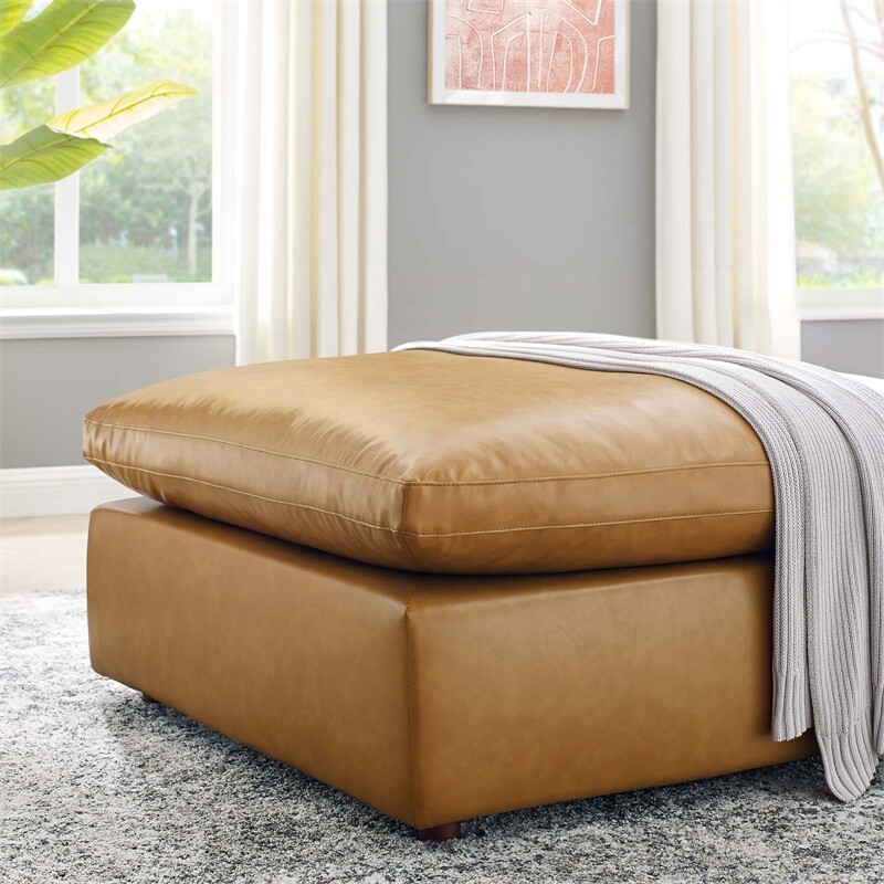 Modway Commix Down Filled Overstuffed Vegan Leather Ottoman in Tan