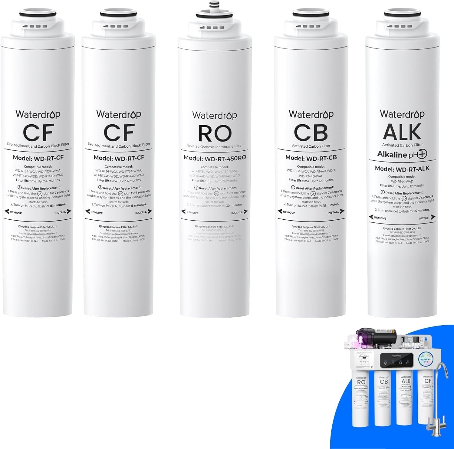 Waterdrop WD-T4-RCAO Replacement Filter, Pack of 1 RO & 2 CF & 1 CB & 1 Alkaline
