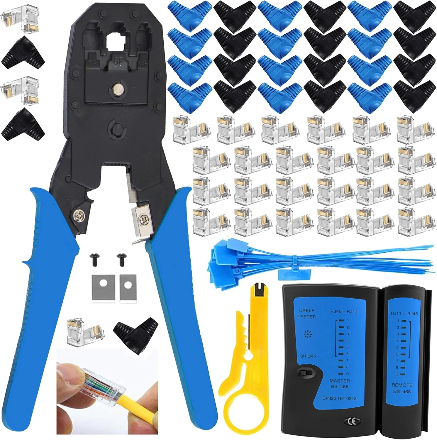 RJ45 Crimping Tool Kit CAT5 CAT6 Pass Through Crimper w/ 50 Connectors Set