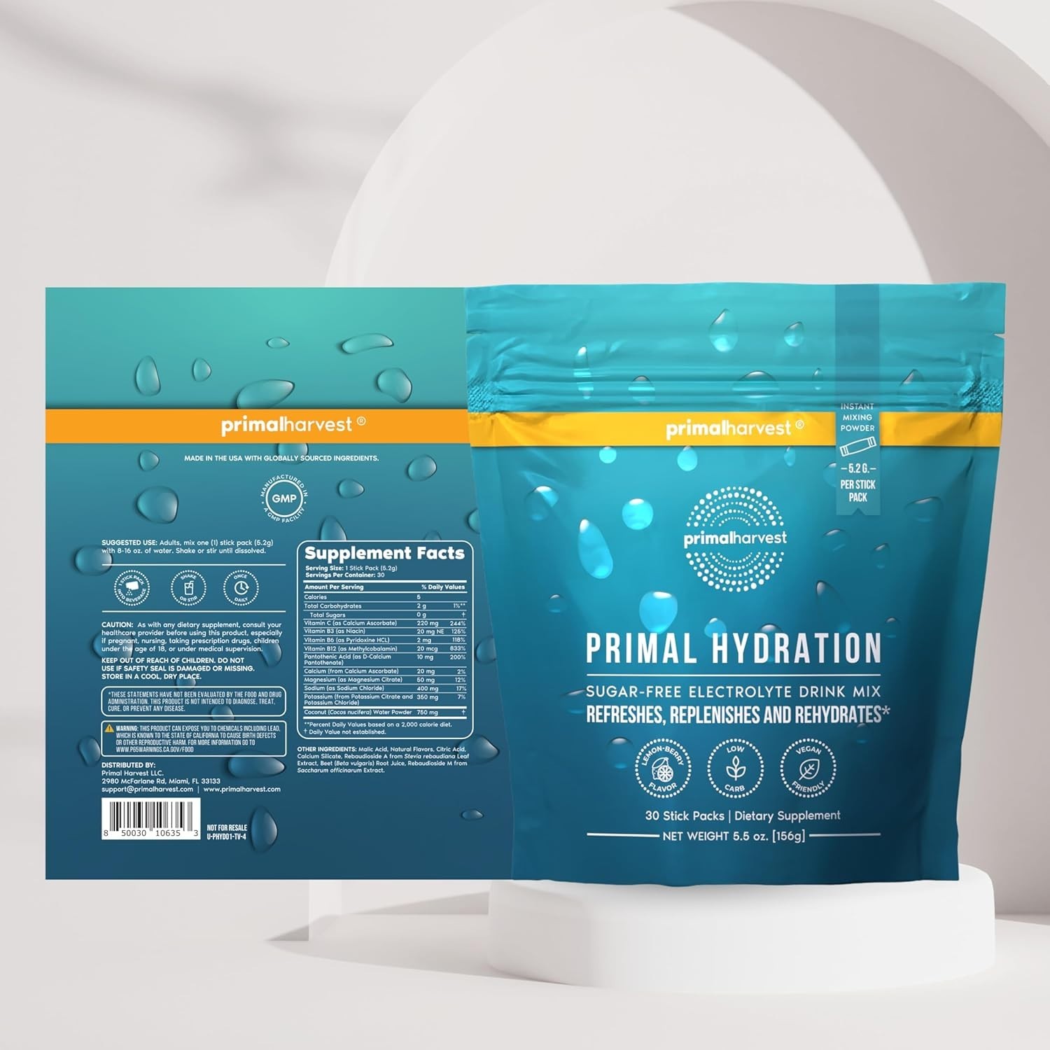 Primal Harvest Electrolyte Drink – Zero Sugar, Magnesium Boost, Lemon Berry, 30
