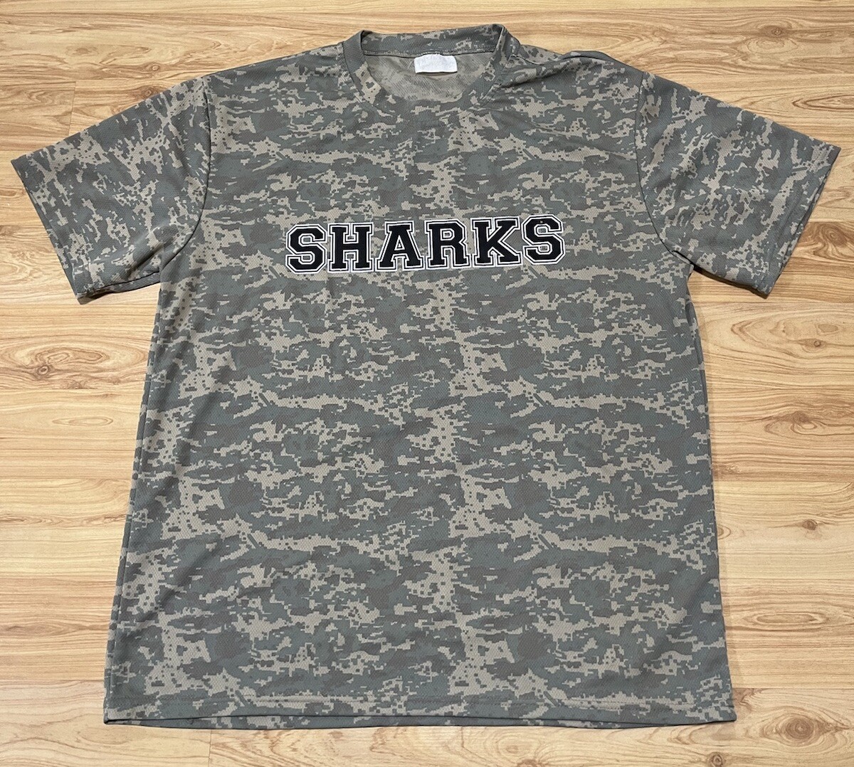 CAMDEN RIVERSHARKS CAMO CAMOUFLAGE SHARKS BASEBALL T-SHIRT JERSEY SZ L VTG