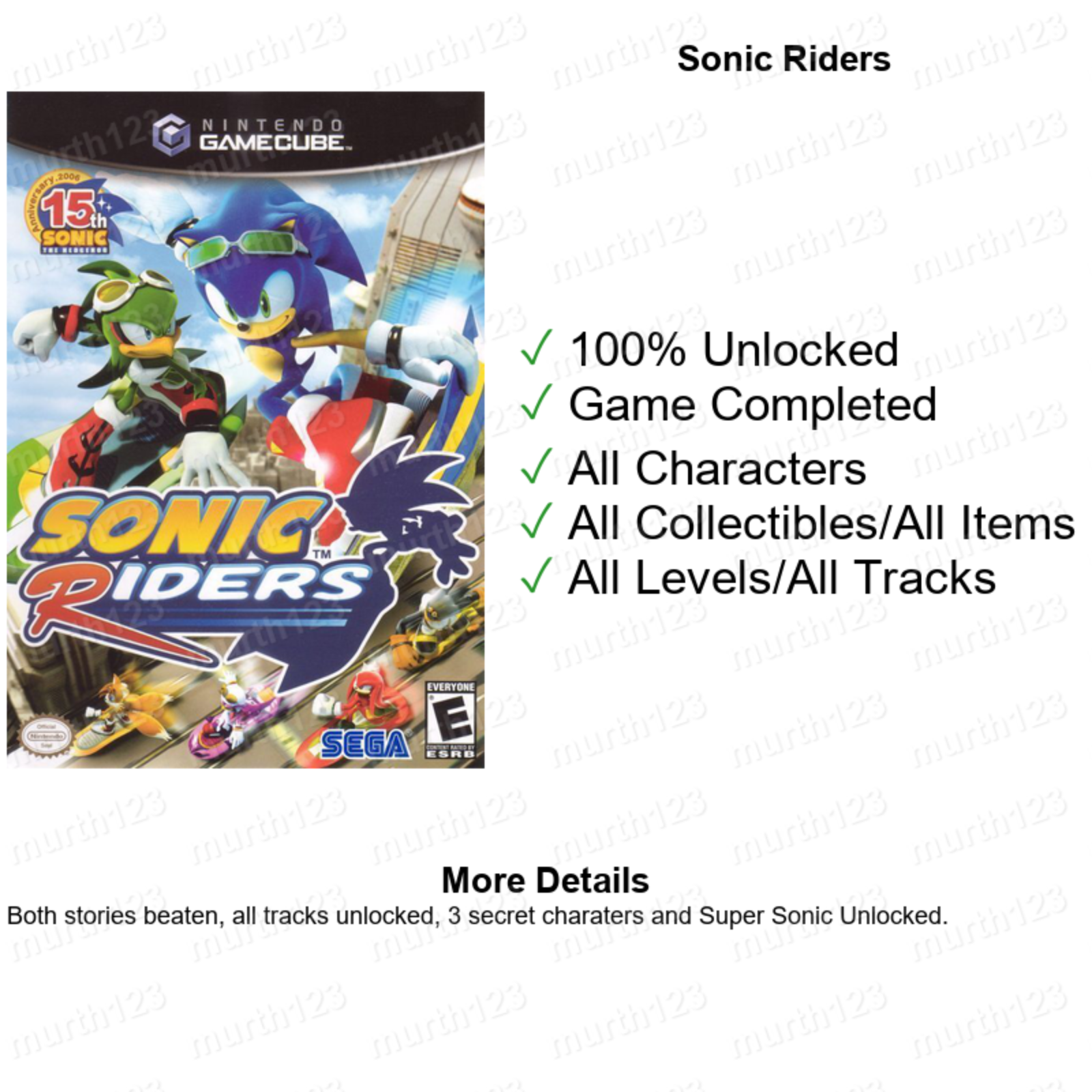 Sonic Mega Collection Riders Heroes Gems Save GameCube Memory Card Unlocked