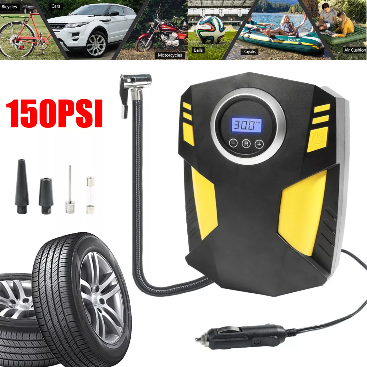 150 PSI Air Compressor Tire Inflator Fits Car Moto Bike Tires Air Pump Portable