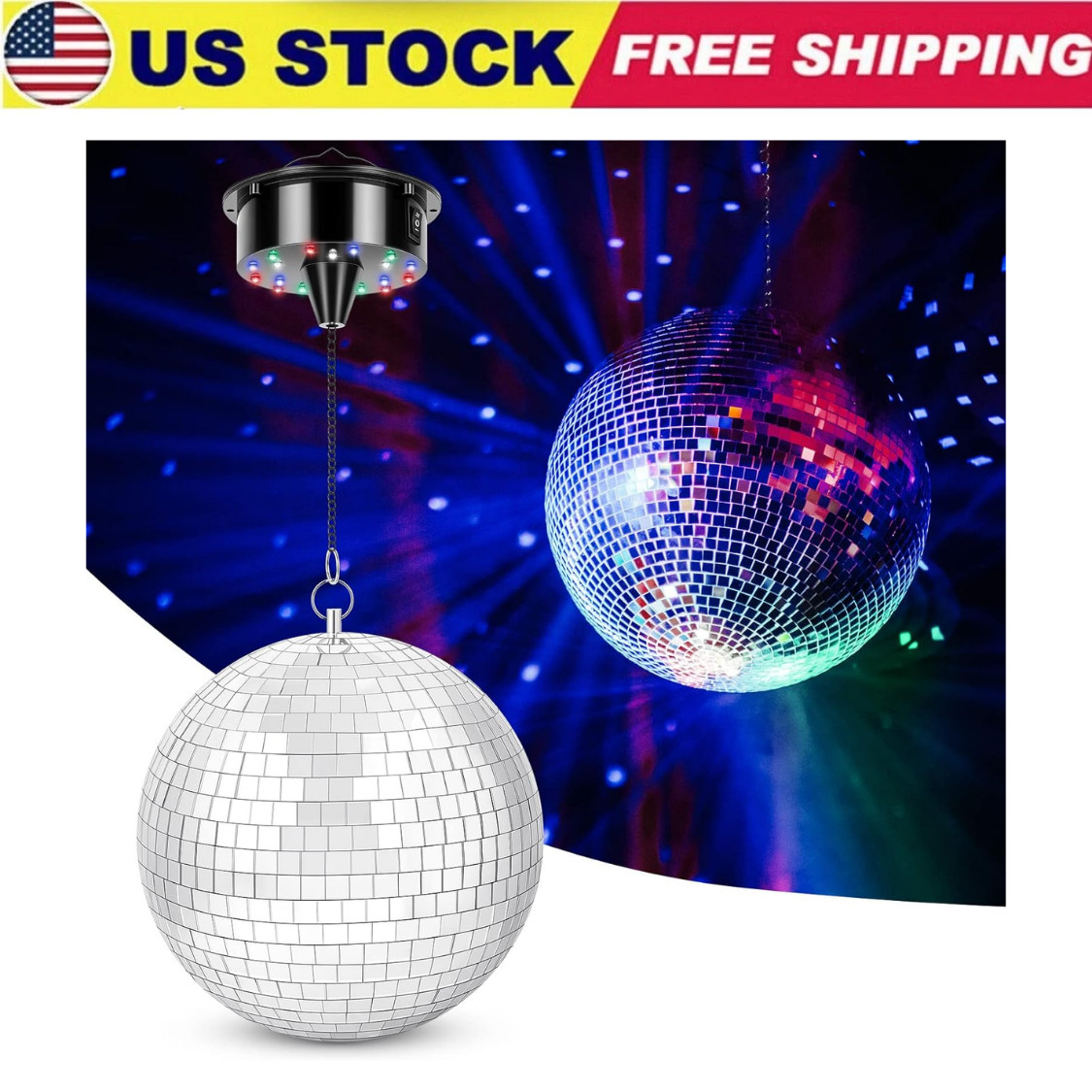 Disco Ball with Motor and Light, 8" Hanging Mirror Ball and 6RPM Batteries Power