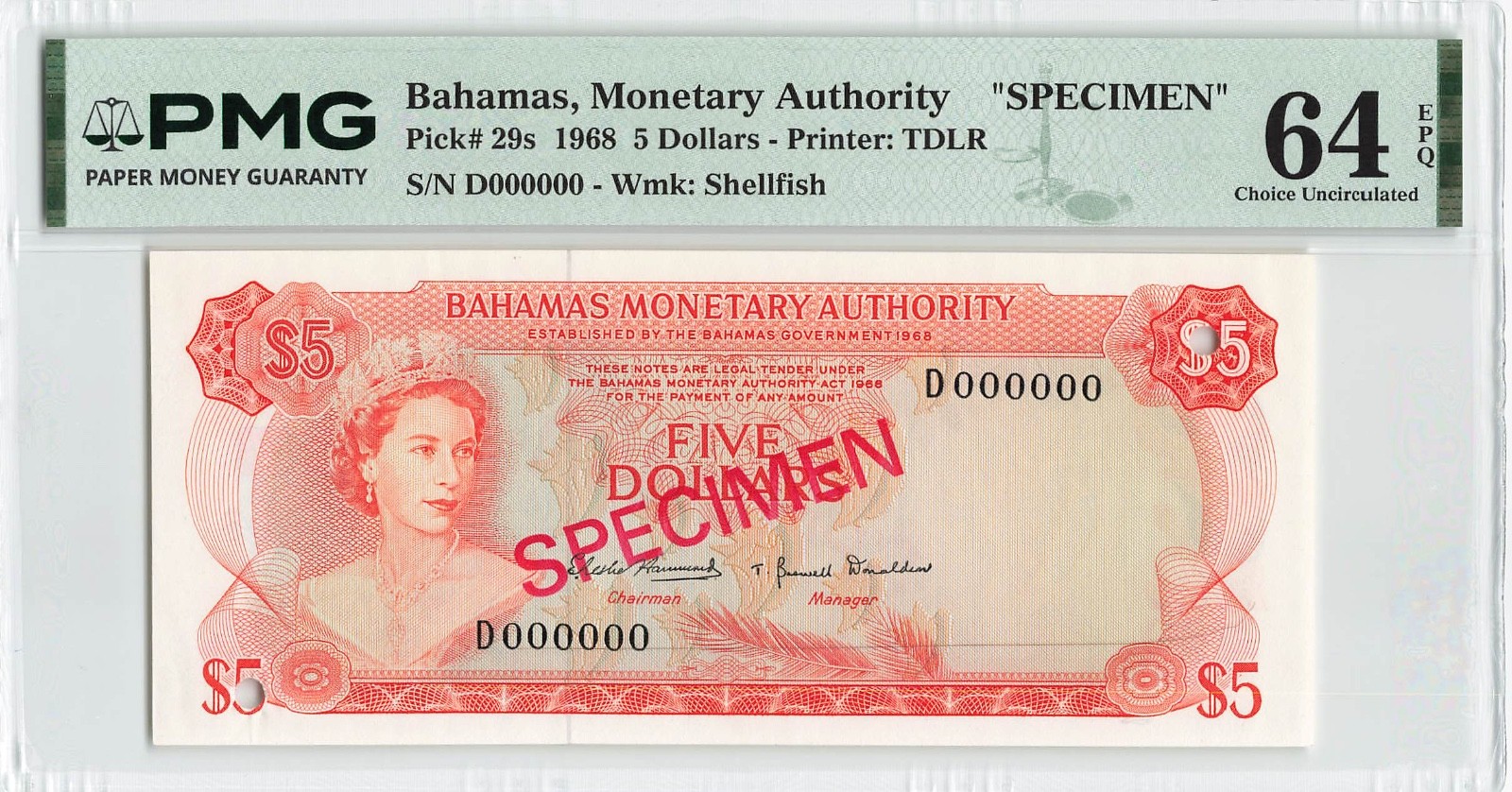 BAHAMAS $5 Dollars 1968, P-29s SPECIMEN, PMG 64 EPQ Ch. UNC, Monetary Authority