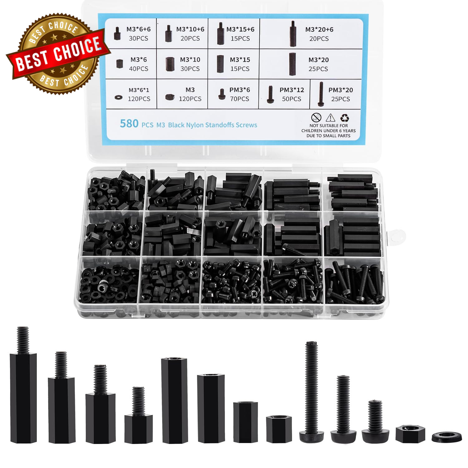 580 PCS M3 Black Nylon Standoff Kit with Spacers, Screws, and Nuts - Motherboard