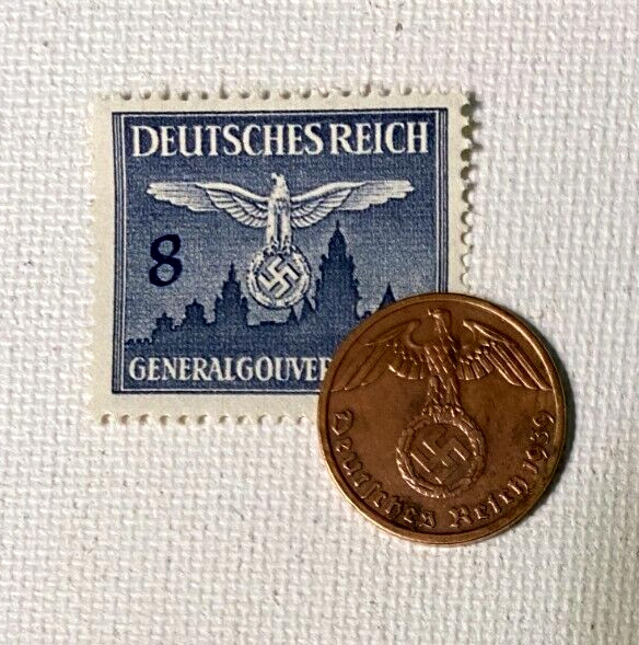 WWII Germany 1 RP Bronze Coin 1936-1940 & MNH 8 Pf German Stamp Collectible
