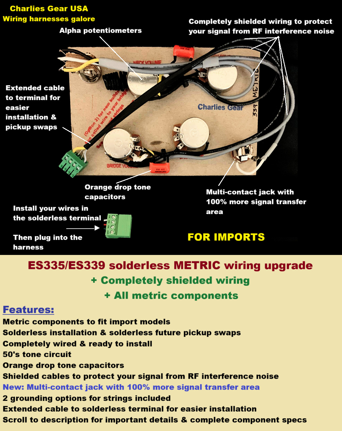 ES335/ES339 Solderless METRIC Wiring Upgrade + Multi-contact Jack - for Imports
