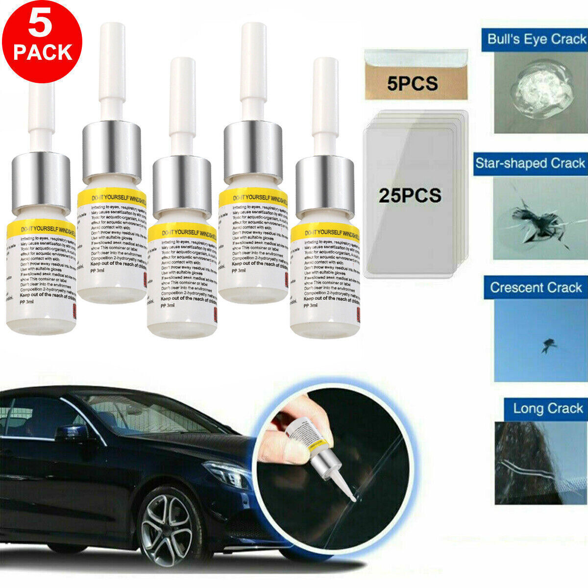 USA 5PCS Automotive NANO Glass Repair Fluid Car Windshield Resin Crack Tools Yar