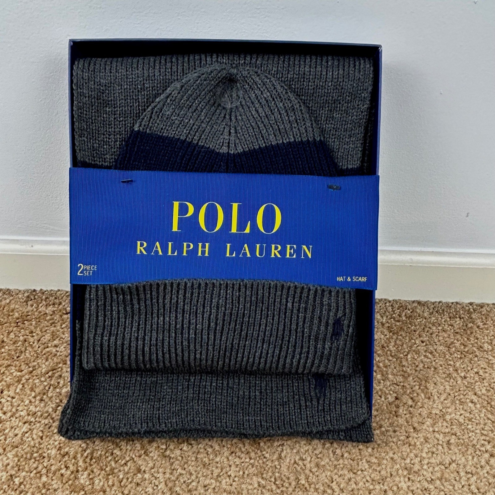 Polo Ralph Lauren Mens Two Piece Knit Hat Scarf Set Gray Navy O/S PP0430