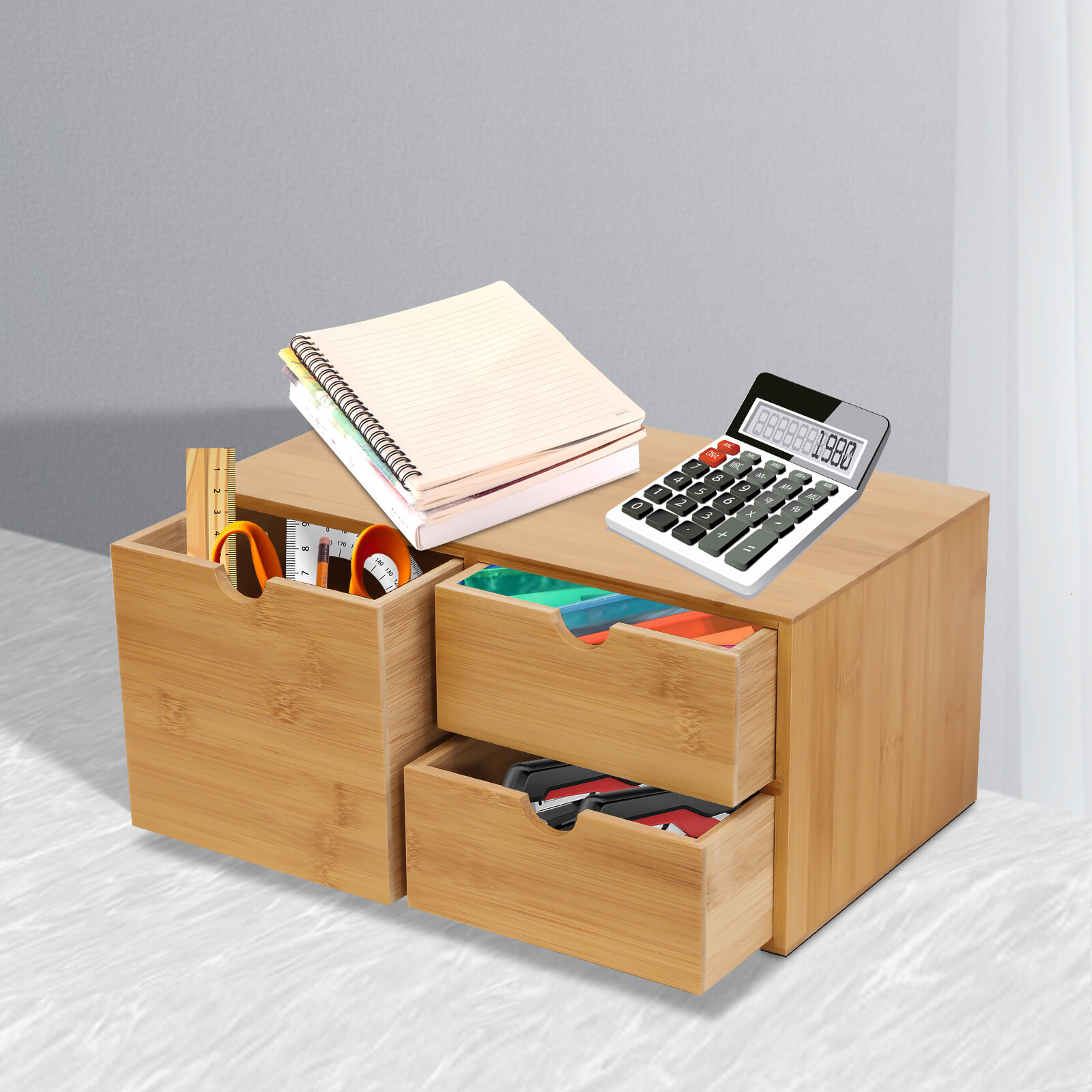 Office Desk Organizer Drawers Desktop Storage Bamboo Box Storage Recess Handle