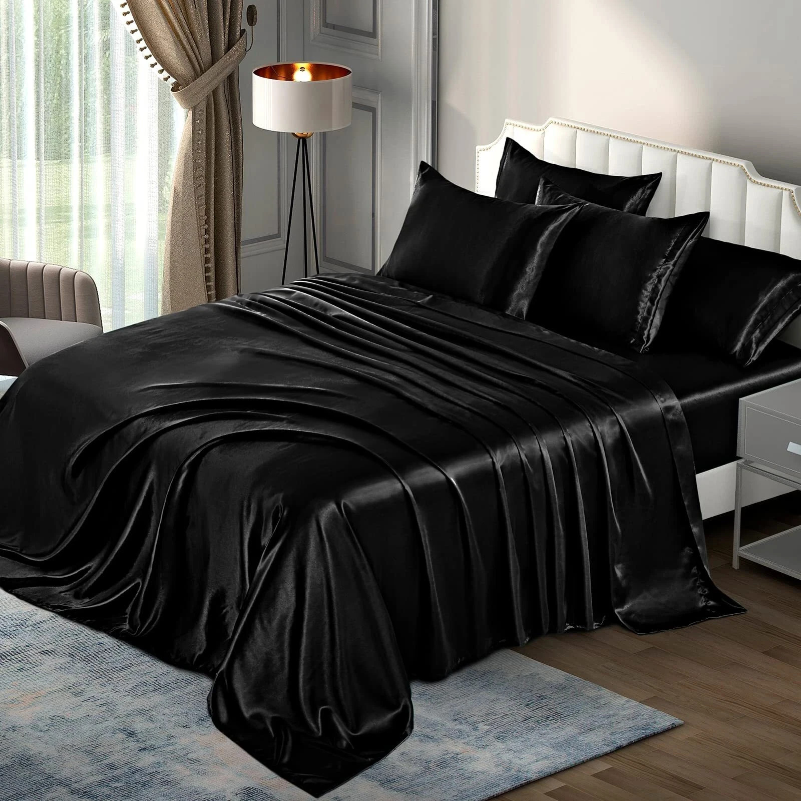SATIN SHEETS Bedding Sheet Set Pillow Case Deep Pocket Queen Black 6-Pc POTHUINY