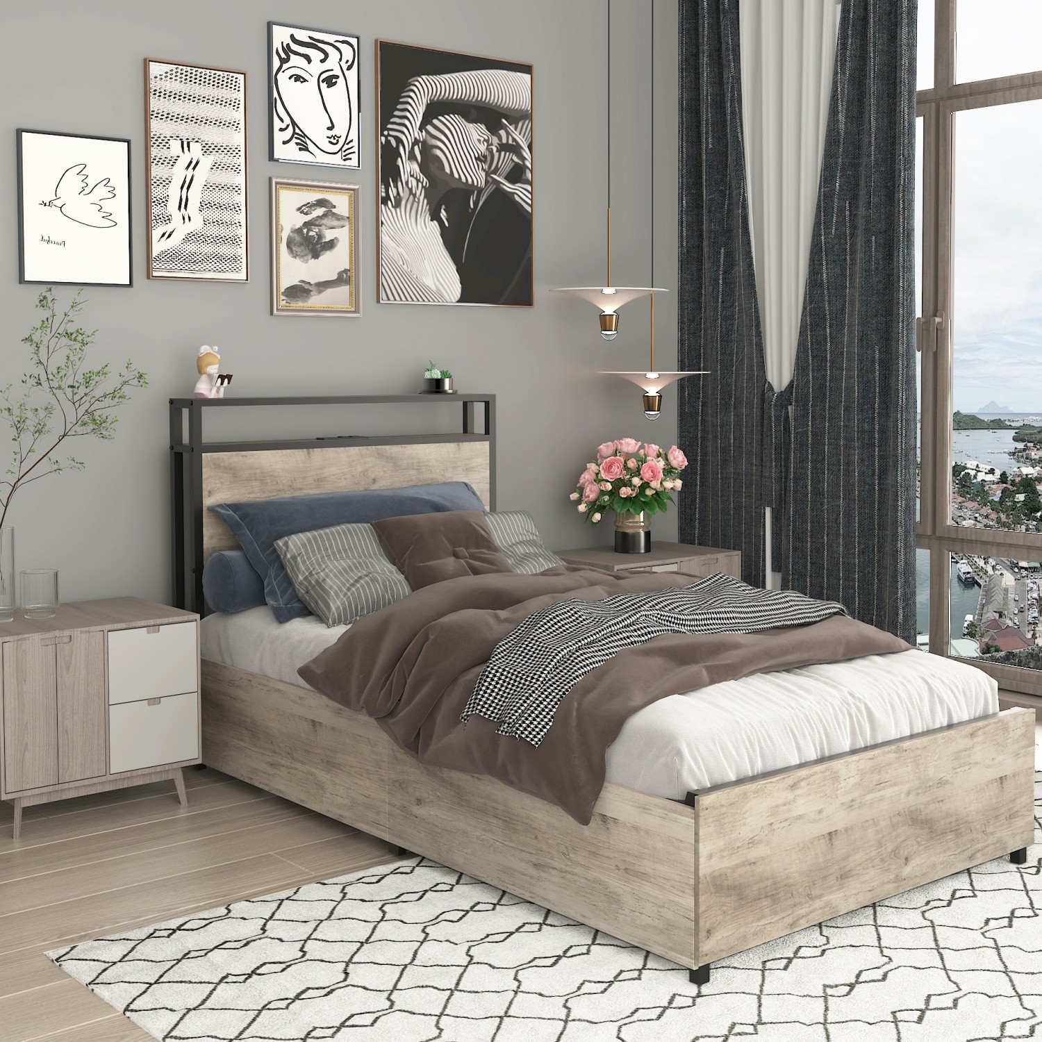 Twin Size Bed Frame with LED Lights Headboard & 4 Drawers Metal Platform Bed