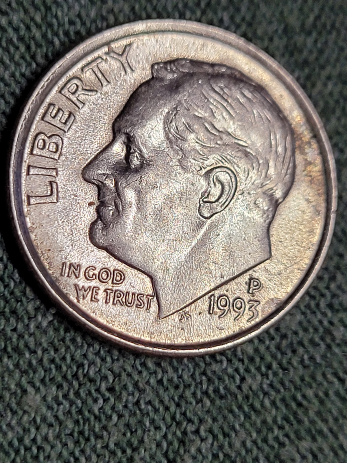 Rare1993P Roosevelt Dime withErrors:Off centered-Double rim-DDOs Number&Letters.