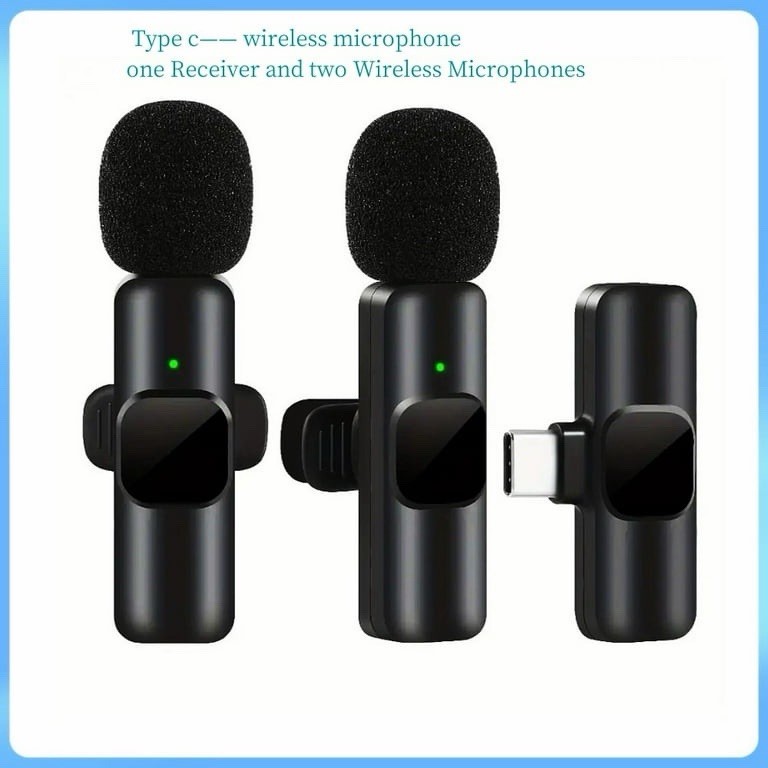 USB C Mini Mic (2) Rechargeable Wireless Microphones & 1 Receiver Type C Black