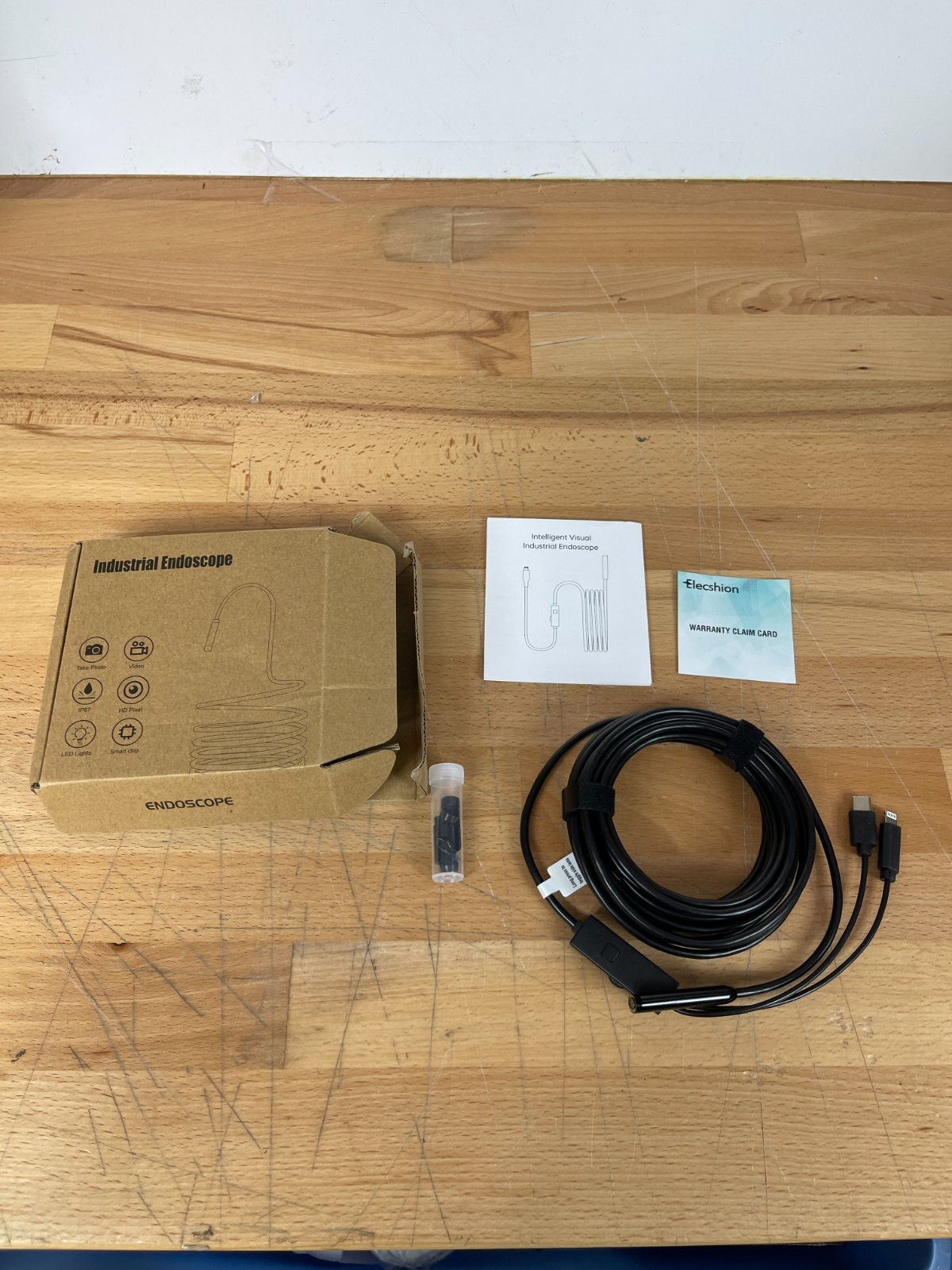 Industrial Dual-Lens Endoscope Borescope Camera w/ LED, USB-C & iPhone – 5M Cabl