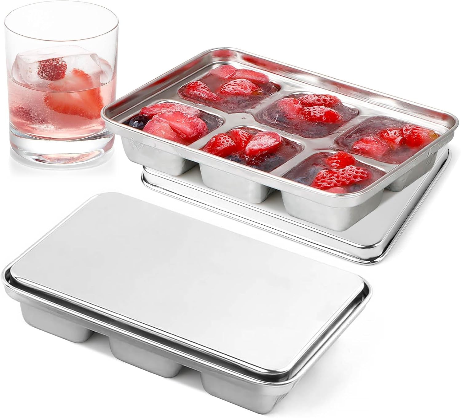 Ice Cube Tray with Lid, 2 Pack 12 Large Cubes, Stainless Steel Ice Cube Trays