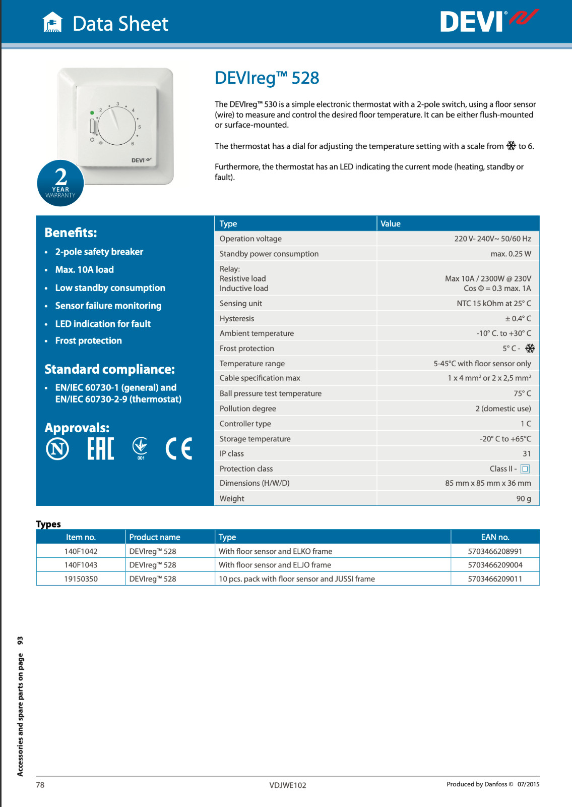DEVIreg 528 Thermostat for Underfloor Heating 140F1042 DEVI Danfoss Veria