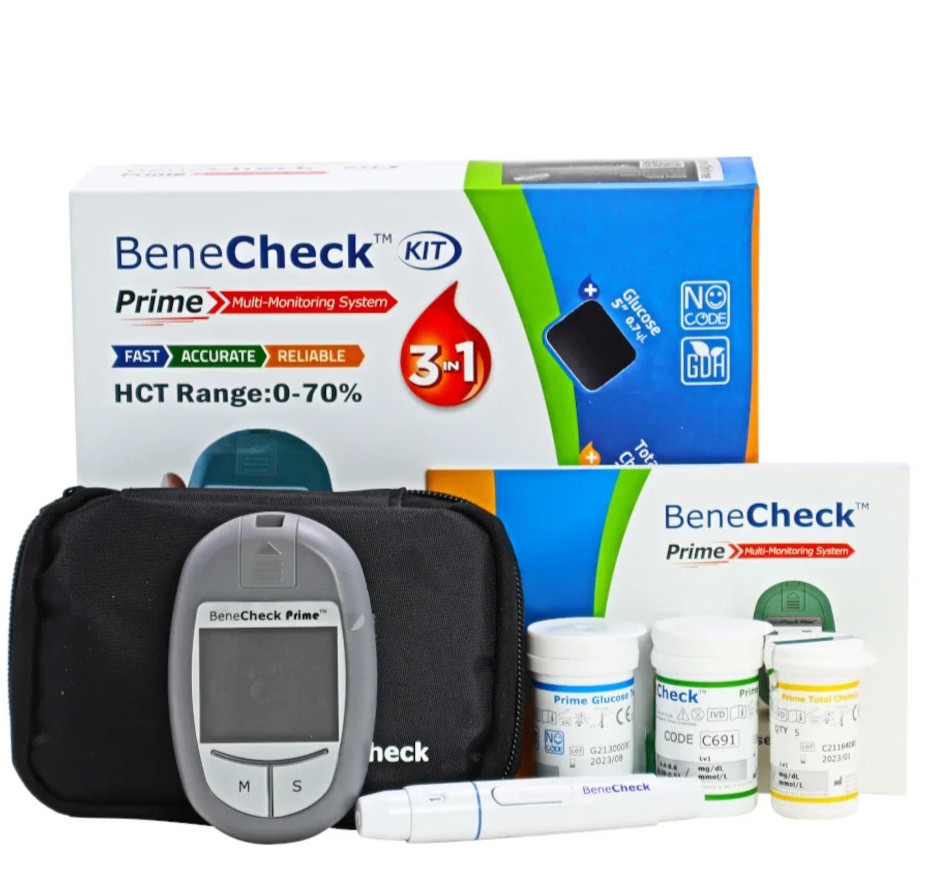 Benecheck PRIME KIT 3 in 1 Meter Kit Glucose Cholesterol Uric Acid Monitor