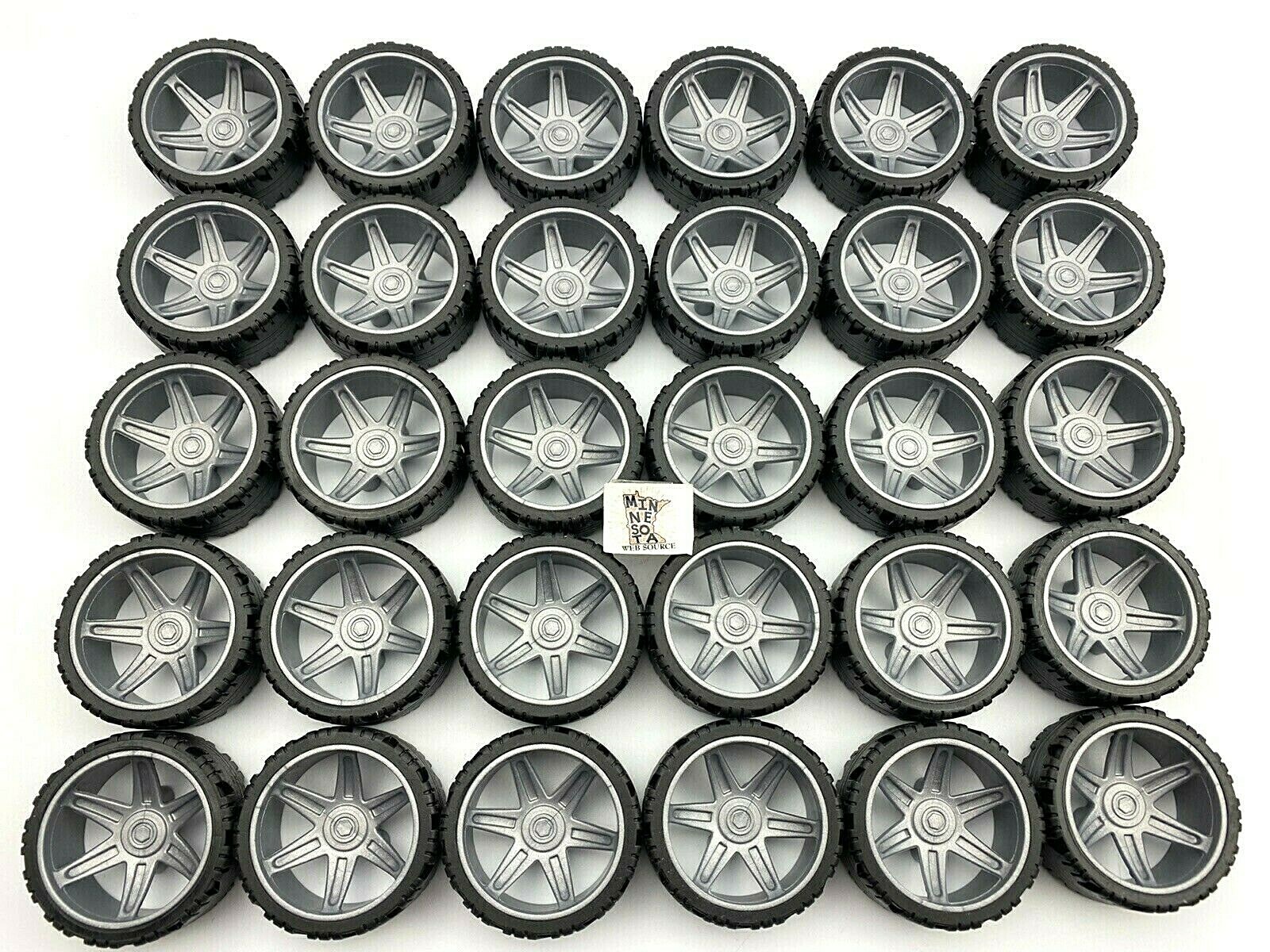 (30) K’NEX Small 1‑5/8" (1.63") Racing Tires w/ Silver Spoke Wheels– NEW OEM NOS