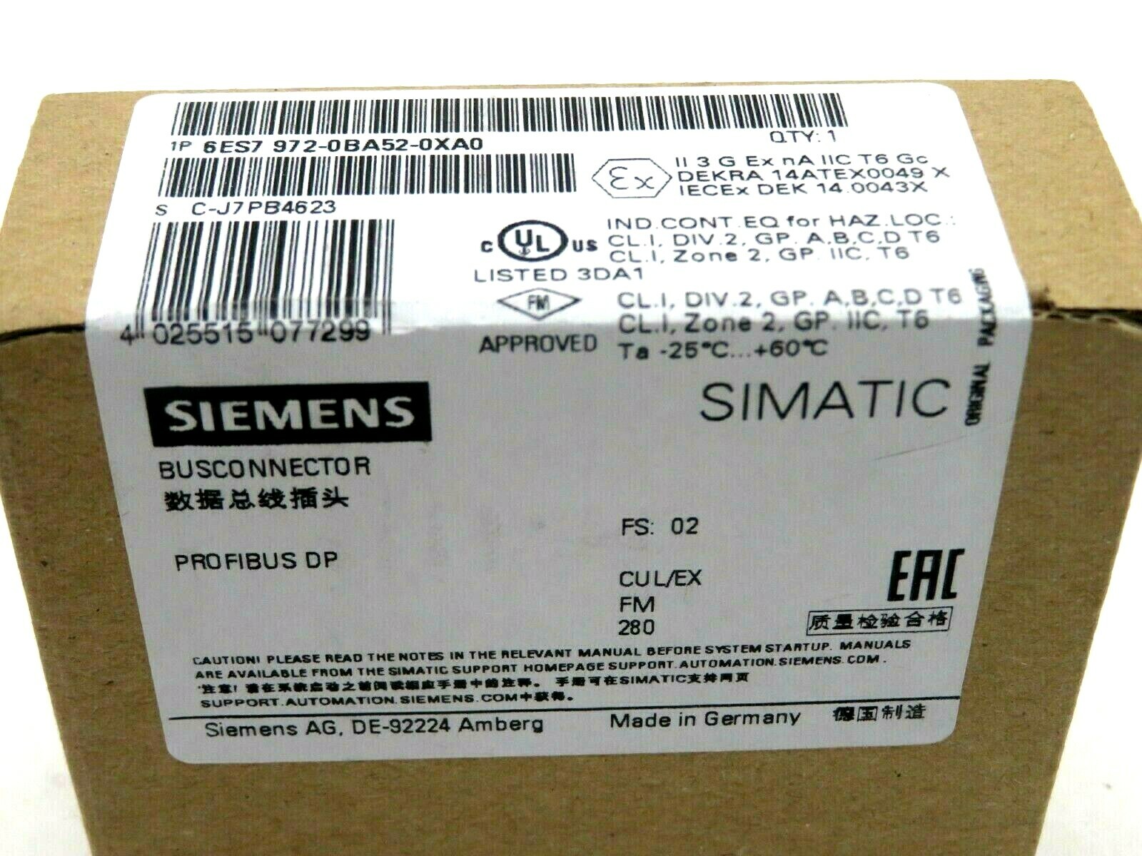 NEW SEALED SIEMENS 6ES7 972-0BA52-0XA0 BUSCONNECTOR 6ES79720BA520XA0