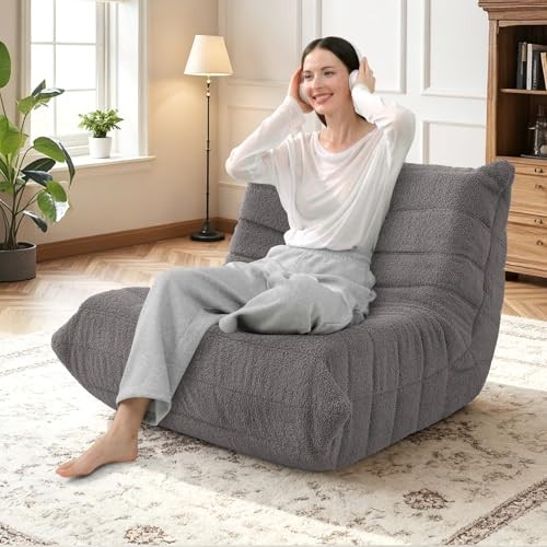 Bean Bag Chairs Fireside Lazy Floor Sofa, Soft Teddy Fleece Single Dark Grey