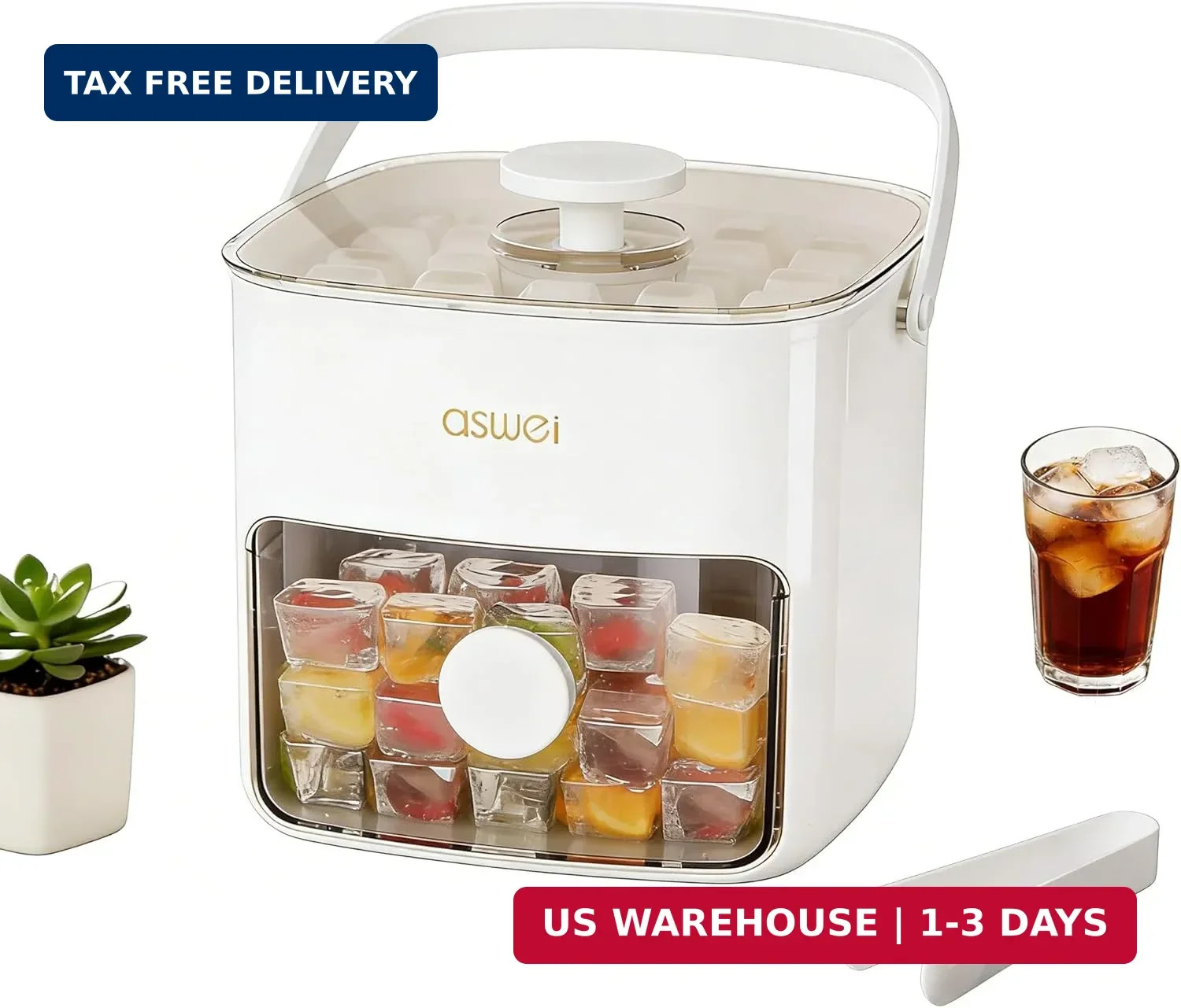 Plastic Ice Cube Trays with Bin and Scoop for Freezer, 2 Pack Easy-Release Sturd