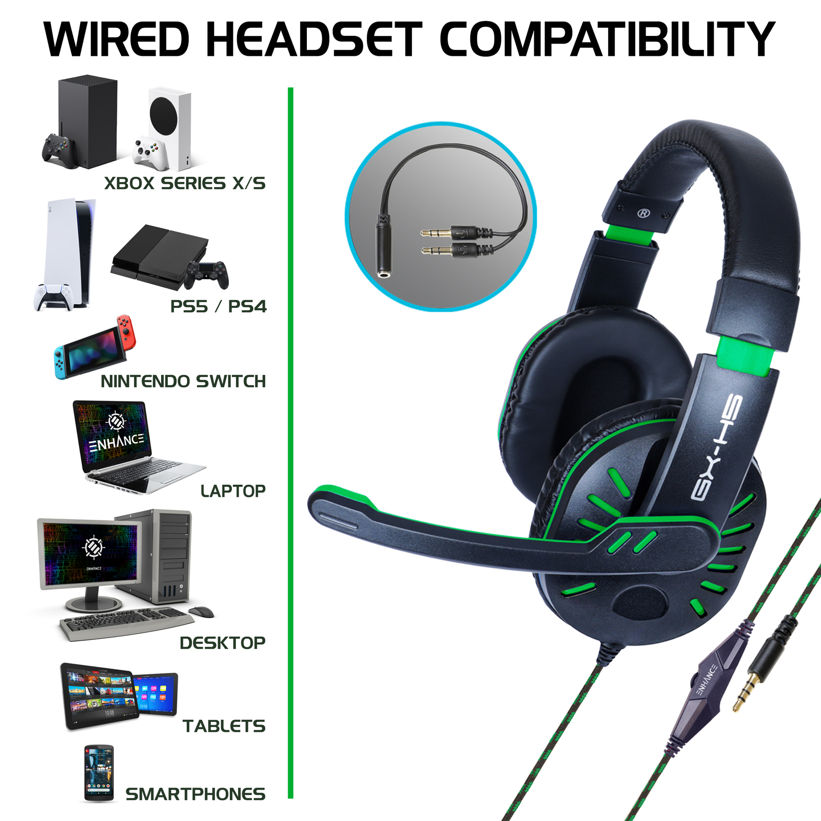 Gaming Headset with Rotating Microphone - Soft Adjustable Headband - Green