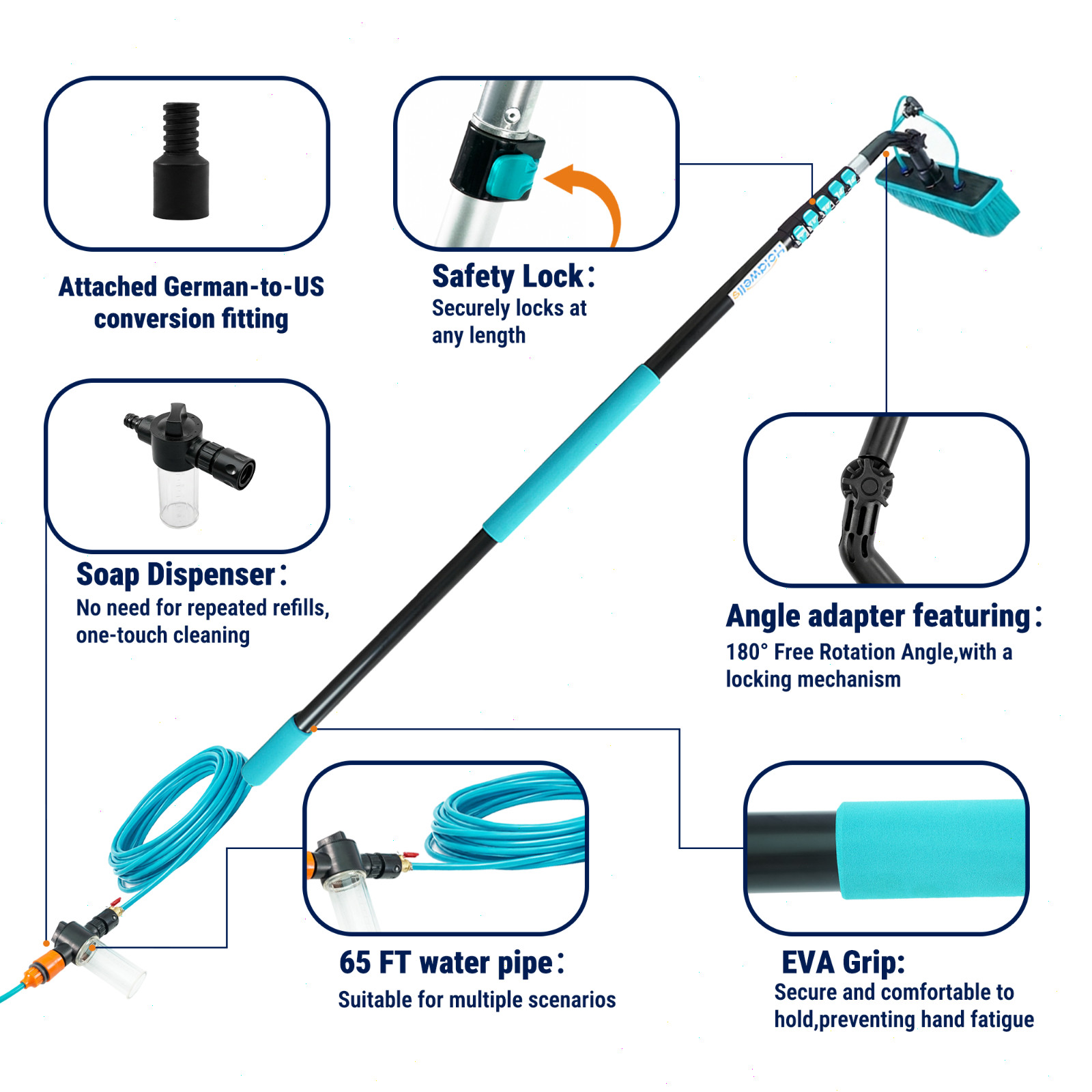33FT Water Fed Pole Cleaning Kit with Extendable Pole, 180° Rotatable Head