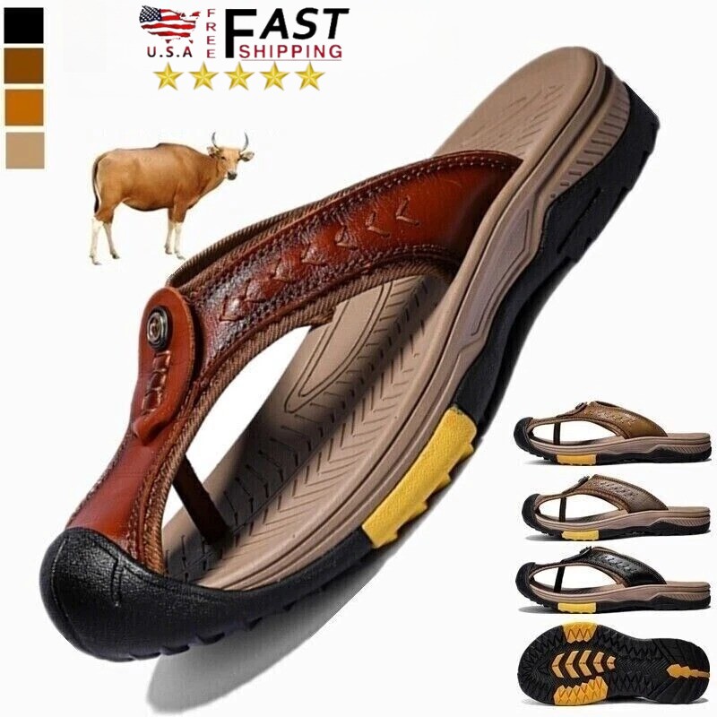 Men's Sandals Summer Beach Shoes Outdoor Leather Slippers Casual Flip Flops Size