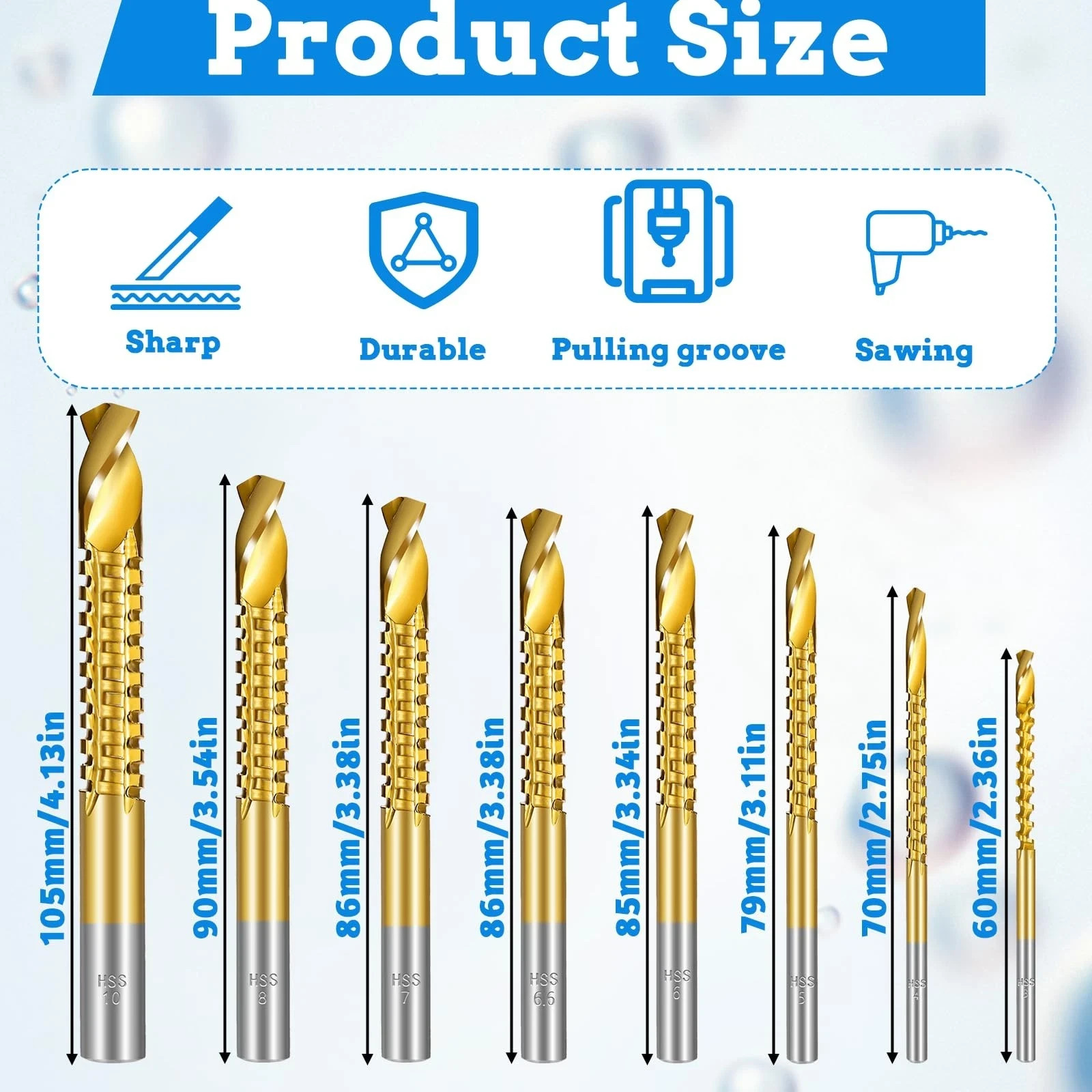 8 Pack Titanium Coated HSS Twist Drill Bits, 3-10Mm Serrated Side Cutting Drill