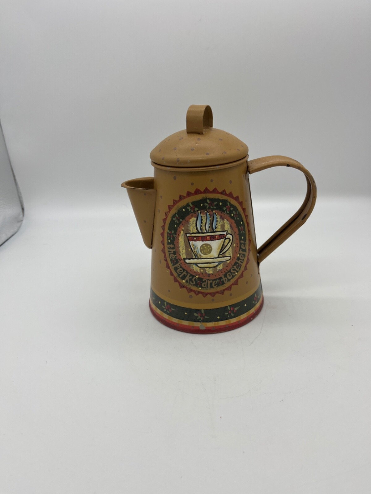 VTG small decorative tin pitcher "The perks are best here" by Crazy Mountain