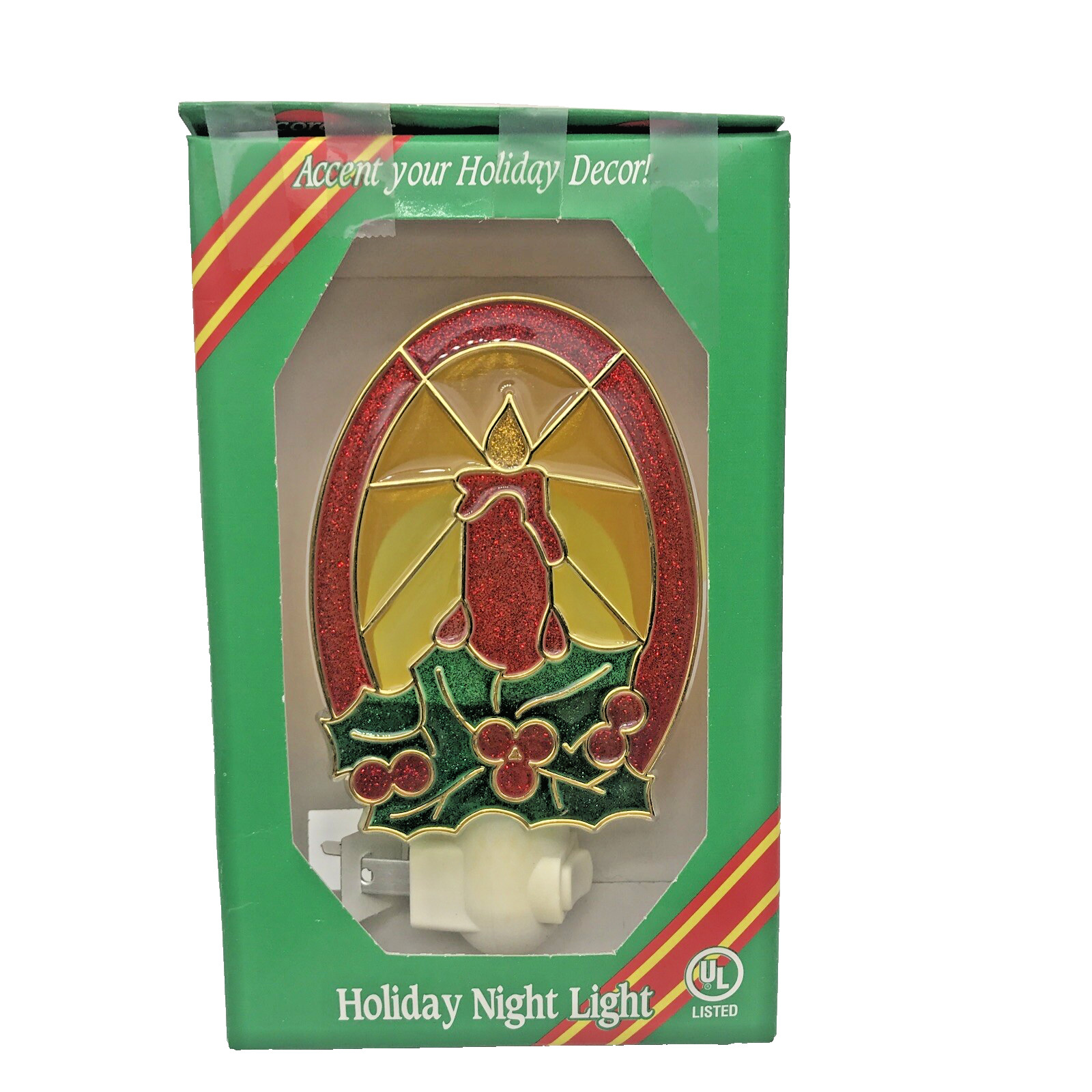 Vintage Christmas Night Light Stained Glass Candle Holly Decoration Glow Taiwan