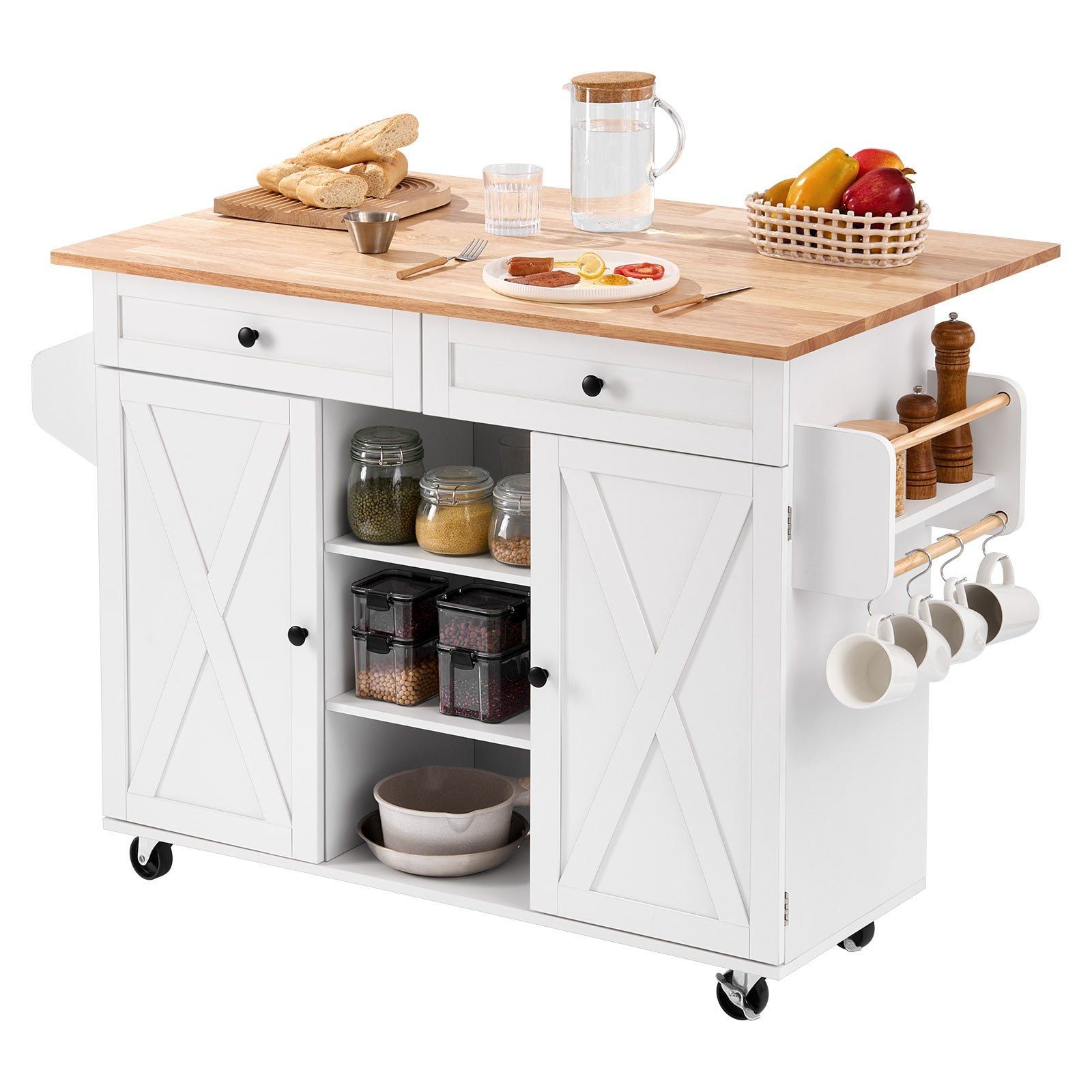 52in Rolling Kitchen Island Cart Storage Cabinet Table with Drawer & Drop Leaf