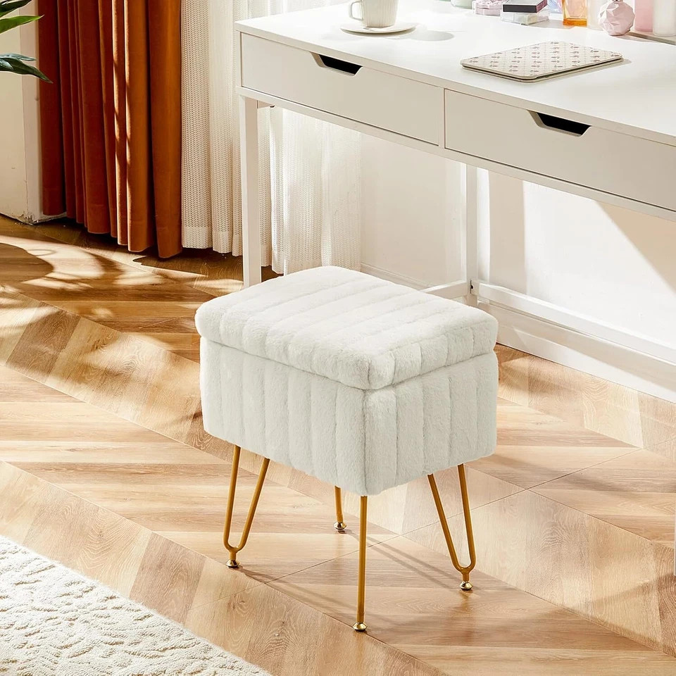 Vanity Stool Chair w/ storage Ottoman Faux Fur Soft Padded Makeup Footstool Seat