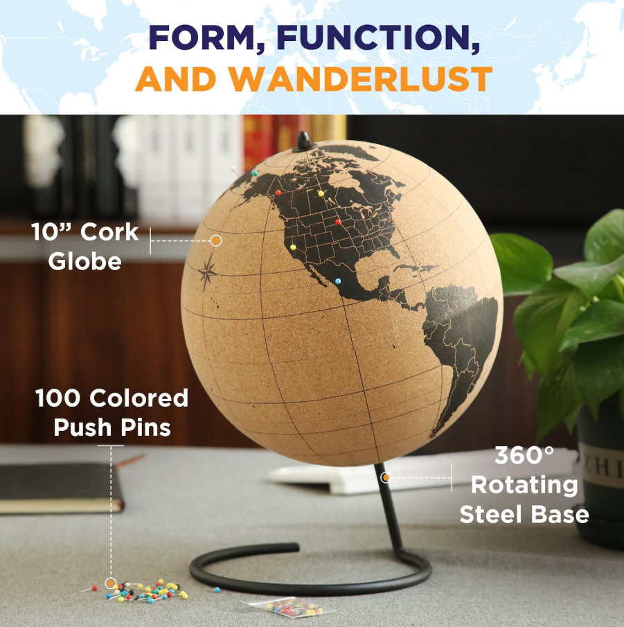 Travel Cork Globe Black 50 Push Pins Educational Map Display Stand