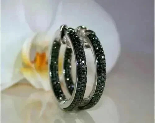2Ct Round Simulated Black Diamond Women's Hoop Earrings 14K White Gold Plated